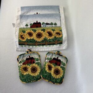 Franco Sunflower Farmhouse Red Barn Dish Towel Potholder Set Of 4